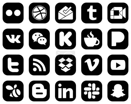 Téléchargez les illustrations : 20 Icônes de médias sociaux blancs créatifs sur fond noir tels que Twitter. vk. icônes de streaming et de financement. Minimaliste et personnalisable - en licence libre de droit