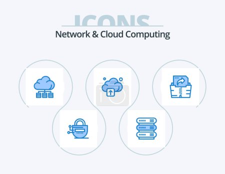 Téléchargez les illustrations : Réseau et Cloud Computing Blue Icon Pack 5 Icon Design. dossier. informatique. nuage. technologie. nuage - en licence libre de droit