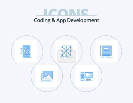 Téléchargez les illustrations : Codage et développement d'applications Blue Icon Pack 5 Icon Design. app. données. poste de travail. mobile. codage - en licence libre de droit