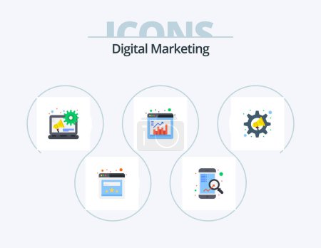 Téléchargez les illustrations : Marketing numérique Flat Icon Pack 5 Icon Design. paramètres. mégaphone. publicité numérique. marketing. navigateur - en licence libre de droit