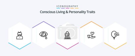 Illustration for Concious Living And Personality Traits 25 Line icon pack including love. giving. sad. donation. yoga - Royalty Free Image