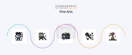 Téléchargez les illustrations : Fine Arts Line Filled Flat Pack de 5 icônes comprenant l'art. art. peinture. Micro. caméra - en licence libre de droit