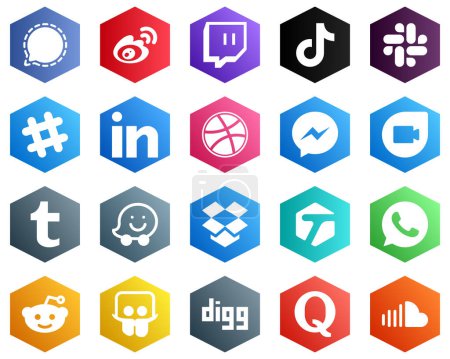 Ilustración de 25 Fresh White Icons such as dribbble. linkedin. tiktok and spotify icons. Hexagon Flat Color Backgrounds - Imagen libre de derechos