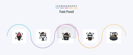 Téléchargez les illustrations : Ligne de restauration rapide rempli plat Pack de 5 icônes y compris. Vite ! la nourriture. la nourriture. produits alimentaires - en licence libre de droit