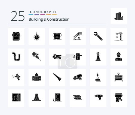 Téléchargez les illustrations : Building And Construction 25 Solid Glyph icon pack including stage. upstairs. tips. stairs. wash - en licence libre de droit