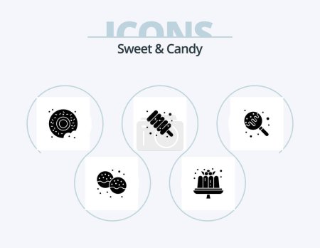 Téléchargez les illustrations : Doux Et Bonbon Glyphe Icône Pack 5 Icône Design. Du sucre. Des bonbons. Des bonbons. Gentil. produits alimentaires - en licence libre de droit