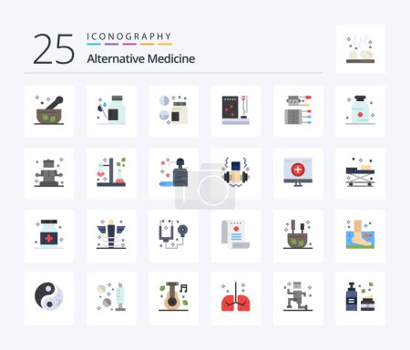 Téléchargez les illustrations : Médecine alternative 25 Pack icône couleur plate y compris le traitement. médecine. médecine. hôpital. bien-être - en licence libre de droit