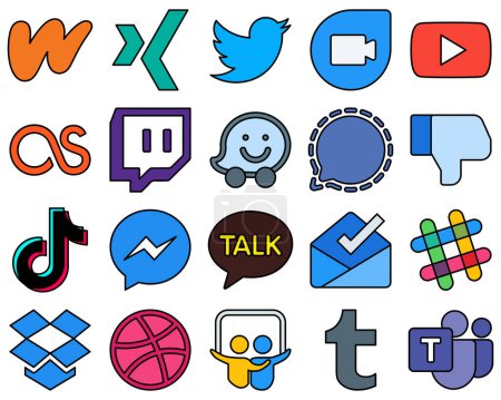 Illustration for 20 Eye-catching Line Filled Social Media Icons such as douyin. facebook. lastfm. dislike and mesenger Customizable and high-definition - Royalty Free Image
