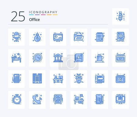 Téléchargez les illustrations : Pack d'icônes Office 25 Blue Color avec note. bureau. analytique. dossier. pc - en licence libre de droit