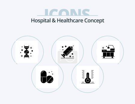Téléchargez les illustrations : Hôpital et soins de santé Concept Glyph Icon Pack 5 Icon Design. hôpital. vaccin. chromosome. seringue. génome - en licence libre de droit