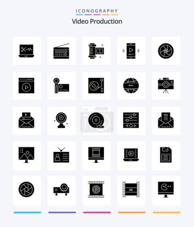 Illustration for Creative Video Production 25 Glyph Solid Black icon pack  Such As video player app. multimedia. vintage radio. movie screen. - Royalty Free Image