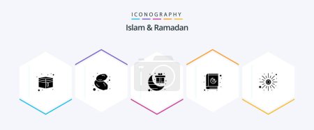 Téléchargez les illustrations : Islam And Ramadan 25 Glyph icon pack including weather. rise. celebration. religion. book - en licence libre de droit