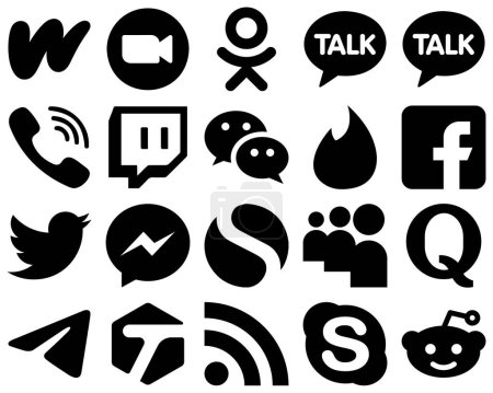 Illustration for 20 Elegant Black Solid Social Media Icons such as facebook. viber. tinder and wechat icons. Creative and eye-catching - Royalty Free Image