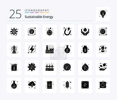 Ilustración de Envase de iconos de Glifos Sólidos de Energía Sostenible 25 incluyendo medicina. Cuidado. crecimiento. imán. energía - Imagen libre de derechos