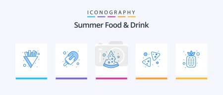 Téléchargez les illustrations : Summer Food and Drink Blue 5 Icon Pack Including fruits. snack. piece. nachos. chips. Creative Icons Design - en licence libre de droit