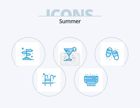 Illustration for Summer Blue Icon Pack 5 Icon Design. straw. glass. summer. drink. pointer - Royalty Free Image