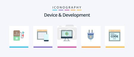 Illustration for Device And Development Flat 5 Icon Pack Including code . browser. monitor. power plug. plug. Creative Icons Design - Royalty Free Image