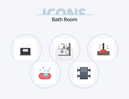 Téléchargez les illustrations : Salle de bain Icône plate Pack 5 Icône Design. . bain. La chambre. serpillière. Robinet - en licence libre de droit
