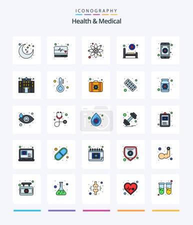 Téléchargez les illustrations : Pack d'icônes créatives de santé et de soins médicaux de 25 lignes tel qu'en ligne. soins. atomes. patiente. lit - en licence libre de droit