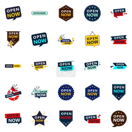 Illustration for Open now banner pack 25 different styles - Royalty Free Image