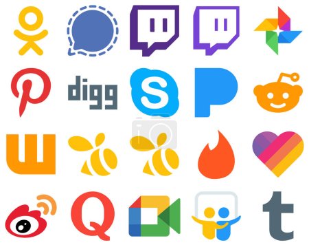 Illustration for 20 Flat Social Media Icons for a Modern Graphic Design sina. likee. skype. tinder and wattpad icons. High Resolution Gradient Icon Set - Royalty Free Image