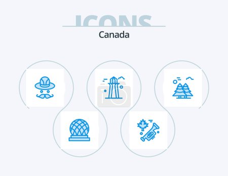 Illustration for Canada Blue Icon Pack 5 Icon Design. pine trees. arctic. hat. alpine. canada tower - Royalty Free Image