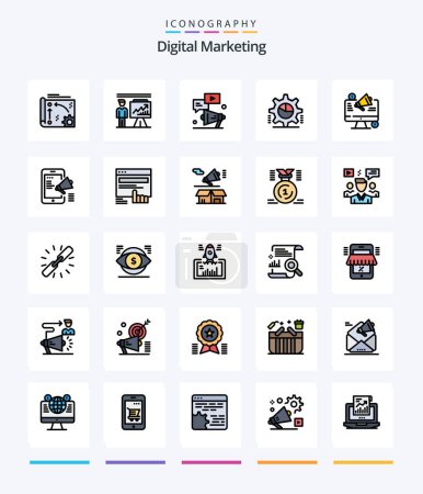 Illustration for Creative Digital Marketing 25 Line FIlled icon pack  Such As pie graph. cog. businessman. marketing. youtube - Royalty Free Image