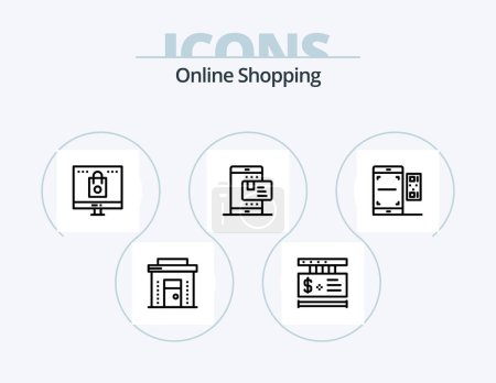 Ilustración de Línea de compras en línea Icon Pack 5 Icon Design. De compras. en línea. caja. Ordenador. tienda - Imagen libre de derechos