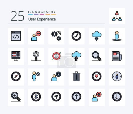 Téléchargez les illustrations : User Experience Pack d'icônes rempli de 25 lignes incluant le téléchargement. flèche. engrenages. nuage. temps - en licence libre de droit