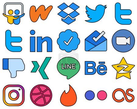 Illustration for 20 Visually-Stunning Line Filled Social Media Icons such as line. facebook. twitter verified badge. dislike and meeting High-resolution and eye-catching - Royalty Free Image