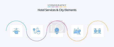 Ilustración de Servicios del hotel y elementos de la ciudad Paquete azul del icono 5 incluyendo ciclo. Vidrio. golf. comida. hotel - Imagen libre de derechos