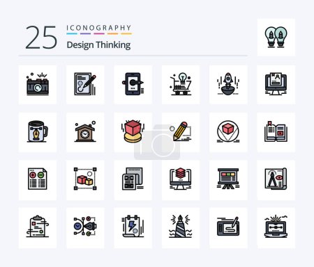 Téléchargez les illustrations : Design Thinking 25 Line Pack d'icônes rempli, y compris en ligne. Chariot. design. composer. crayon - en licence libre de droit