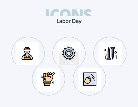Téléchargez les illustrations : Labor Day Line Filled Icon Pack 5 Icon Design. flag . screws. industrial helmet. hard hat - en licence libre de droit