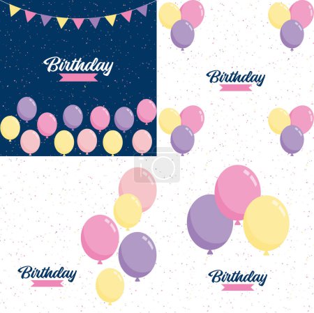 Téléchargez les illustrations : Happy Birthday written in a decorative. vintage font with a background of party streamers and confetti - en licence libre de droit