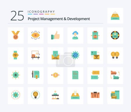 Téléchargez les illustrations : Project Management And Development 25 Pack d'icônes couleur plate, y compris comme. remarques. créatif. apprenti. moderne - en licence libre de droit