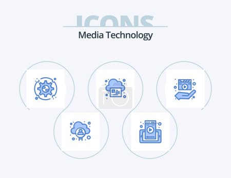 Téléchargez les illustrations : Technologie des médias Blue Icon Pack 5 Icon Design. film. nuage. préférences. empreinte. en ligne - en licence libre de droit