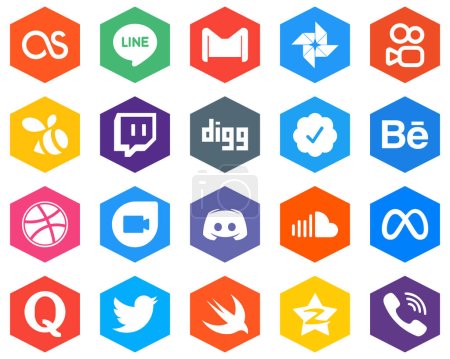 Illustration for Hexagon Flat Color White Icon Pack message. twitch. discord and dribbble 20 Fresh Icons - Royalty Free Image