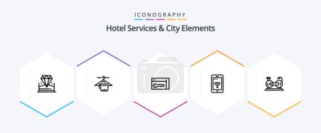 Illustration for Hotel Services And City Elements 25 Line icon pack including cycle. wifi. browser. service. mobile - Royalty Free Image