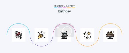 Téléchargez les illustrations : Ligne d'anniversaire rempli plat pack de 5 icônes y compris gâteau. fête. fête. fixer. fête - en licence libre de droit