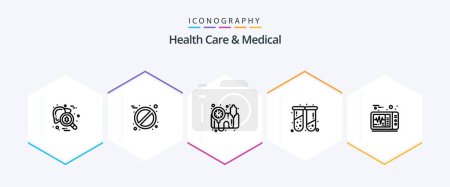 Illustration for Health Care And Medical 25 Line icon pack including medical. electrocardiogram. blood pressure operator. test tubes. health - Royalty Free Image