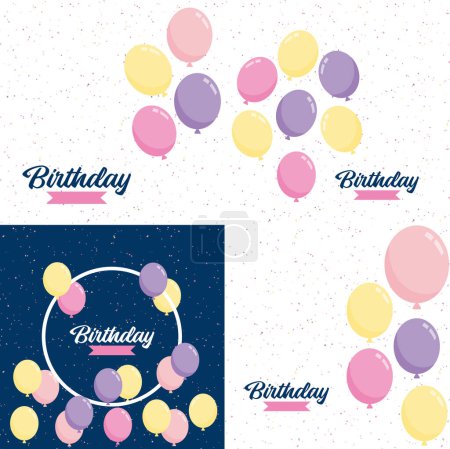 Ilustración de Happy Birthday in a playful. hand-drawn font with a background of balloons and confetti. - Imagen libre de derechos