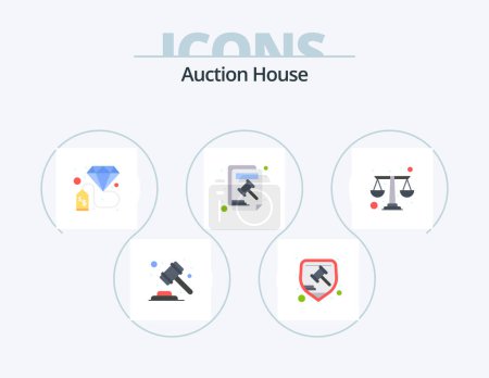 Téléchargez les illustrations : Auction Flat Icon Pack 5 Icon Design. court hammer. blog. lawyer. article. investment - en licence libre de droit