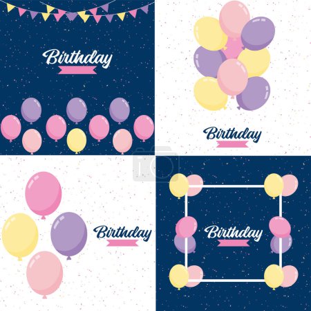 Téléchargez les illustrations : Happy Birthday text with a hand-drawn. cartoon style and colorful balloon illustrations - en licence libre de droit