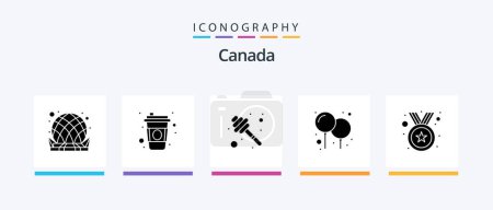 Téléchargez les illustrations : Pack d'icônes Glyphe du Canada 5 incluant la médaille. jour. Une trempette. fête. Des ballons. Icônes créatives Design - en licence libre de droit
