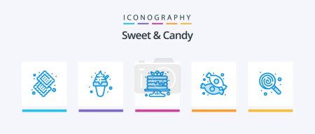 Téléchargez les illustrations : Pack de 5 icônes Sweet And Candy Blue incluant le dessert. la nourriture. Des bonbons. dessert. Des bonbons. Icônes créatives Design - en licence libre de droit