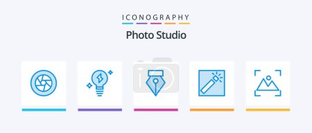 Ilustración de Foto Studio Blue 5 Icon Pack Incluyendo foto. cosecha. editor. retoque. fotógrafo. Diseño de iconos creativos - Imagen libre de derechos