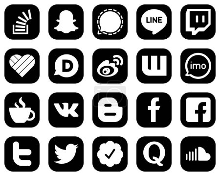Illustration for 20 Attractive White Social Media Icons on Black Background such as imo. line. china and weibo icons. High-quality and creative - Royalty Free Image