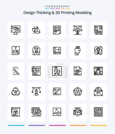 Téléchargez les illustrations : Creative Design Thinking And D Printing Modeling 25 OutLine icon pack  Such As text. educat. cons. idea. bulb - en licence libre de droit