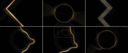 Ilustración de Abstract black background of woven ribbon pattern with square shape golden glowing glitters vector illustration with a geometric backdrop featuring black paper crossing stripes; minimalist decoration - Imagen libre de derechos