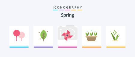 Téléchargez les illustrations : Spring Flat Pack de 5 icônes y compris le printemps. herbes. vent. herbe. plante. Icônes créatives Design - en licence libre de droit